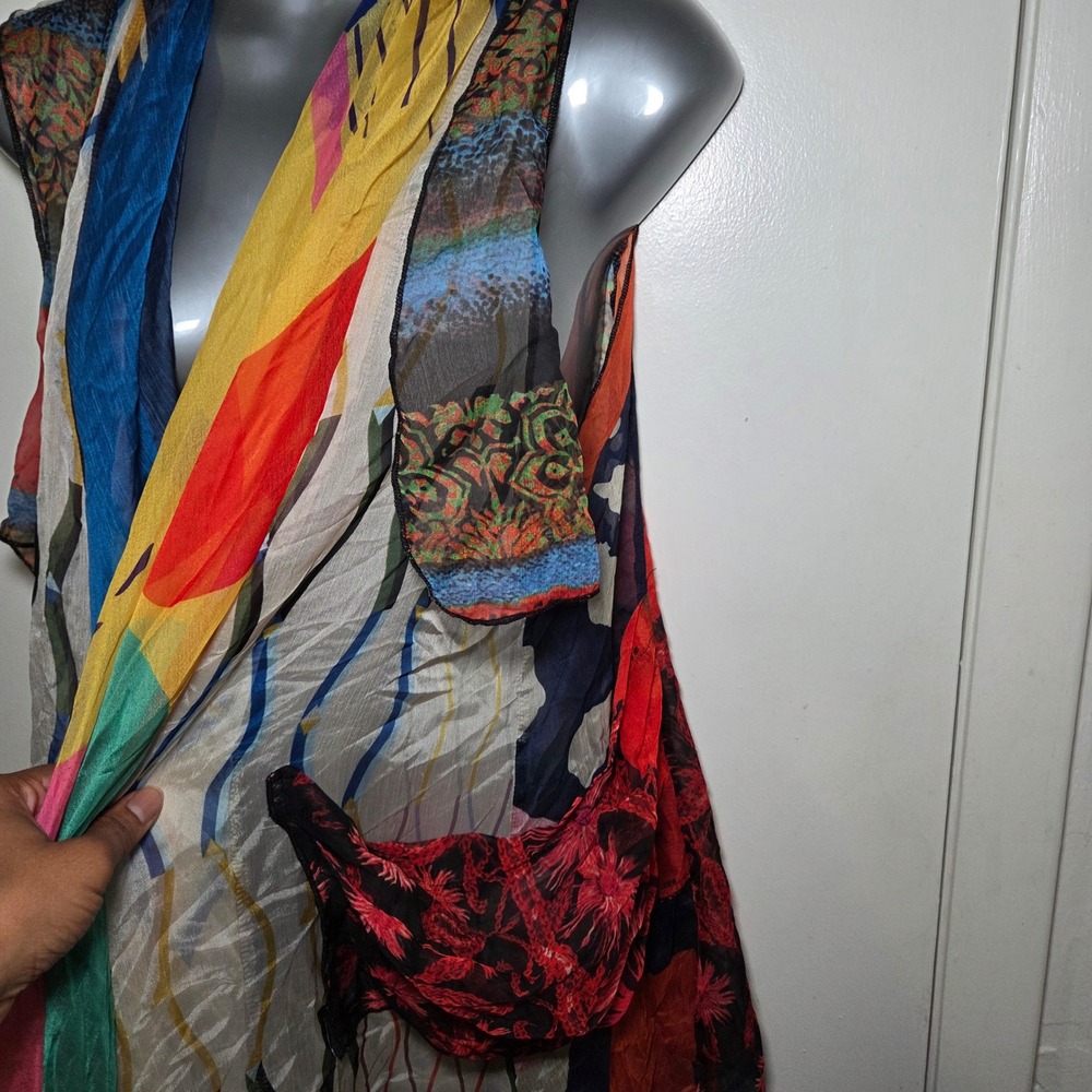 Feratelli XL Colorful Patchwork Sheer Chiffon Duster Vest Boho Artsy Lagenlook - Picture 2 of 7